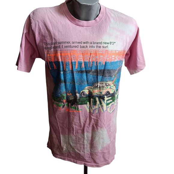 medium Single Stitch T-shirt Vintage 80's Pink Wave Cult Graphic Longboard Surf - Picture 1 of 11